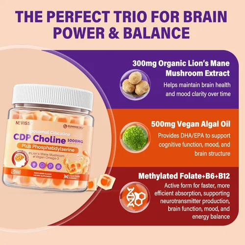 Miniatura 9 de NEVISS Vitaminas prenatales para mujeres, gomitas multivitamínicas con metilfolato de 1 mg, colina omega-3 (DHA+EPA) hierro + citicolina 1000 mg