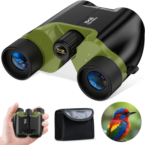Binoculares compactos para adultos y niños con prisma BAK4, lente FMC de 15x25, binoculares impermeables con visión de poca luz, binoculares Verde