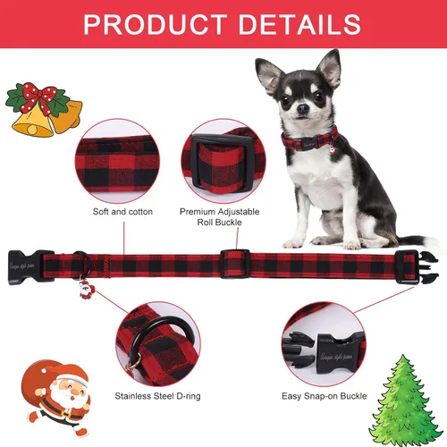 Miniatura 2 de Collar de perro de Navidad de Unique Style Paws con hebilla de plástico y colgante, a cuadros rojo y negro, collares de algodón para cachorros