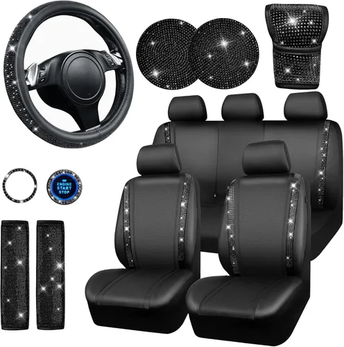 Miniatura 17 de CAR PASS Juego de fundas de asiento de coche con diamantes brillantes de 11 piezas, accesorios de coche con diamantes brillantes para mujer, funda