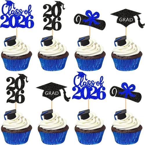 Miniatura 16 de Ercadio 36 piezas 2026 adornos para cupcakes con purpurina negra y dorada para graduación senior So Proud Of You Senior Class of 2026 Way to Go