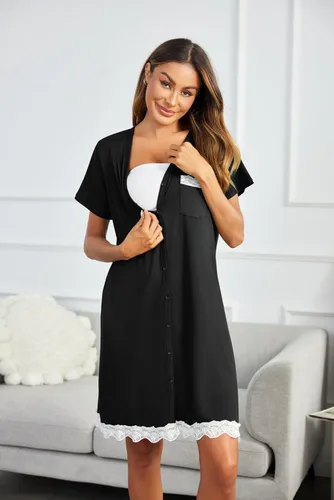 Miniatura 5 de Ekouaer Camisones a rayas con botones para mujer, camisones de manga corta