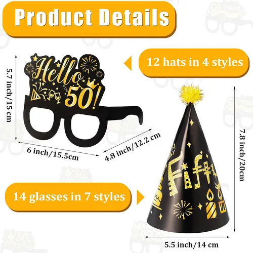Miniatura 2 de 26 piezas de decoración de fiesta de cumpleaños número 50, kits de gafas y sombreros, gafas y sombreros de papel temáticos negros y dorados