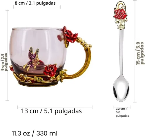 Miniatura 6 de Luka Tech - Tazas de café de vidrio sin plomo con mariposa y flores esmaltadas, taza de té con cuchara de acero, regalos personalizados para Rosa