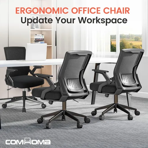 Miniatura 9 de COMHOMA Silla de oficina con reposabrazos abatibles, silla de escritorio ergonómica para computadora con soporte lumbar adaptable y malla Negro
