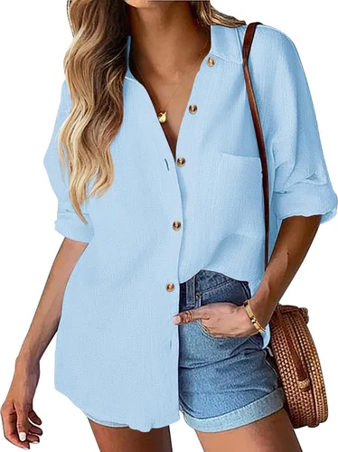 Miniatura 11 de HOTOUCH Camisa de manga larga con botones de lino para mujer, blusa de algodón casual, holgada, con cuello, para trabajo, de gasa, con bolsillo