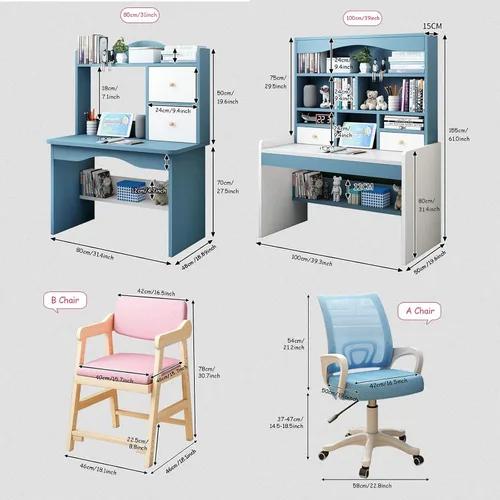 Miniatura 2 de QQXX Juego de escritorio y silla de altura ajustable, mesa de estudio de madera con gabinete y cajón de almacenamiento, mesa de escritorio de Azul A
