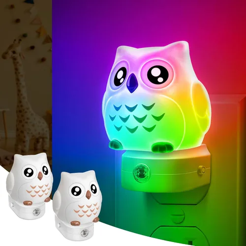 Miniatura 14 de Luces nocturnas de búho enchufables a la pared, bonita luz nocturna para niños, luz nocturna LED de 8 colores con sensor de atardecer a amanecer