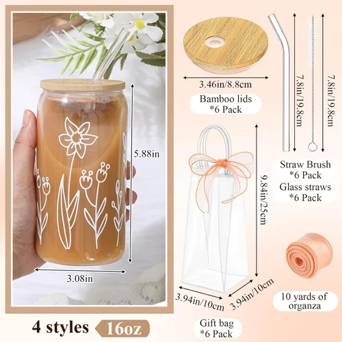 Miniatura 2 de Mumufy 6 Juegos de Tazas de Vidrio Florales Bohemias con Bolsa de Regalo Transparente de 16 onzas, Tazas de Café Helado Reutilizables con Flores