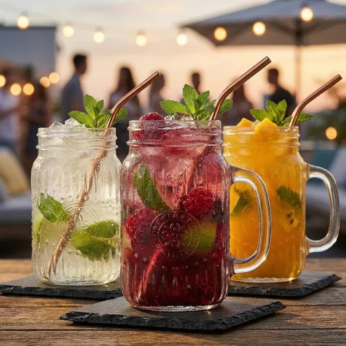 Miniatura 4 de SUT Mason Jar - Vasos para beber con asa, paquete de 6, 16 onzas, tazas de tarro Mason en relieve vintage para café helado, jugo, té y cerveza
