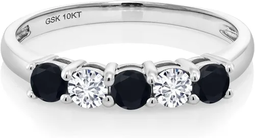 Miniatura 2 de Gem Stone King 050 Ct Round Black Onyx White Diamond 10K White Gold 5-Stone Band Ring