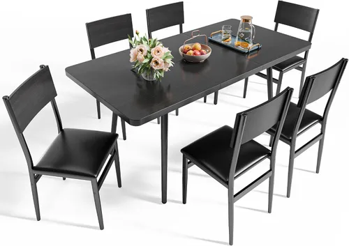 Miniatura 9 de Ahomly Juego de mesa de comedor extensible de 7 piezas con 6 sillas acolchadas, juego de mesa de comedor de 63 pulgadas para 4-6, juego de mesa