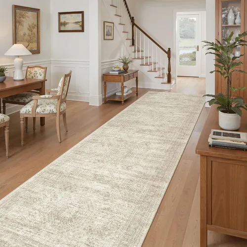 Miniatura 249 de Alfombra de pasillo Soalmost 2'6" x 10' lavable, alfombra antideslizante para cocina, baño, lavandería, alfombras vintage ultra delgadas para Beige