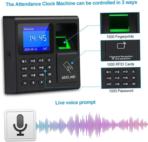 Miniatura 5 de WEELIAO Máquina de asistencia de tiempo, huella dactilar, contraseña, reloj de tiempo para empleados con escaneo de dedos, RFID y perforación de PIN