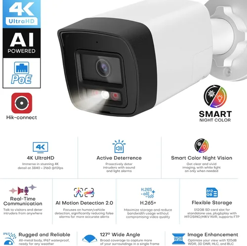 Miniatura 2 de Cámara Bullet PoE 4K para exteriores, cámara IP disuasoria activa de 8 MP, noche de color inteligente (98 pies), audio bidireccional, detección