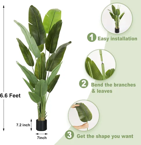 Miniatura 6 de Árbol Artificial de 6.6 Pies de Seda Ave del Paraíso Grande Plantas Falsas Grandes en Maceta Plantas de Piso de Seda Sintética Altas para Decoración