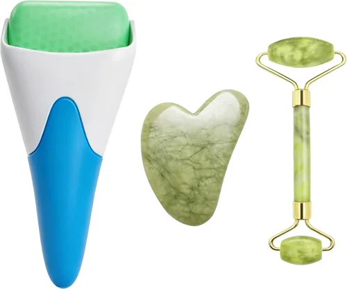 Rodillo de jade de hielo facial 3 en 1 y herramienta Gua Sha, 100% natural de jade real, antiarrugas, herramienta masajeadora de cuello, para