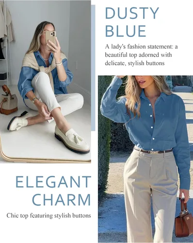 Miniatura 39 de Odosalii - Camisas con botones para mujer, con cuello en V, manga larga, enrolladas, blusas elegantes y formales para negocios y ocasiones casuales