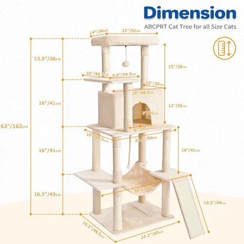 Miniatura 9 de ABCPET Torre de árbol para gatos de 63 pulgadas de varios niveles para gatos de interior con postes rascadores de sisal, condominio, hamaca, bola