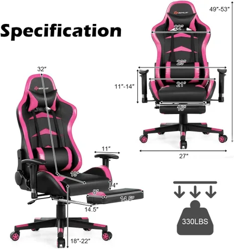 Miniatura 3 de Goplus Silla de juegos de masaje, respaldo reclinable, barandillas y ajuste de altura del asiento, silla de oficina para computadora de carreras