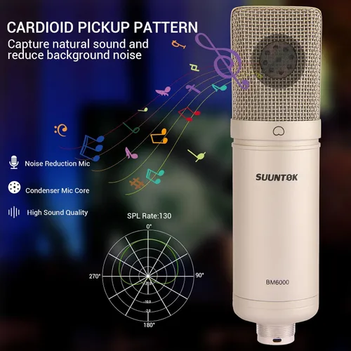 Miniatura 5 de SUUNTOK Micrófono de condensador XLR, Kit de micrófono cardioide profesional de diafragma grande con montaje de choque, para estudio, transmisión