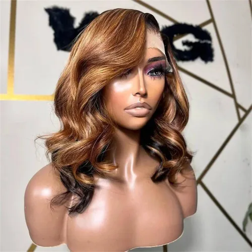 Miniatura 11 de #1B/4/27 - Pelucas de cabello humano corto ondulado en capas con reflejos degradados 13x4 HD transparente con encaje frontal, pelucas de cabello