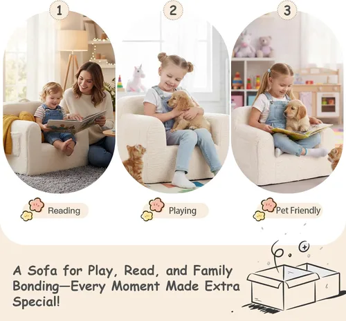 Miniatura 4 de Tiita Sofá para niños, sofá para niños con asa de transporte, sofá portátil de espuma para niños, silla ligera para sala de juegos, dormitorio, Beige