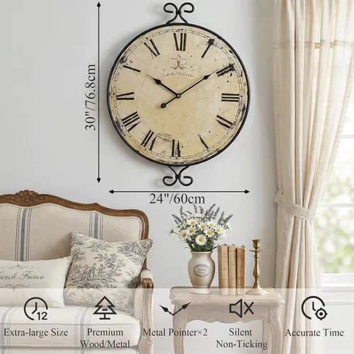 Miniatura 2 de Reloj de pared de 30 pulgadas para sala de estar, reloj de pared de granja extragrande, marco de hierro forjado con acabado dorado retro, relojes