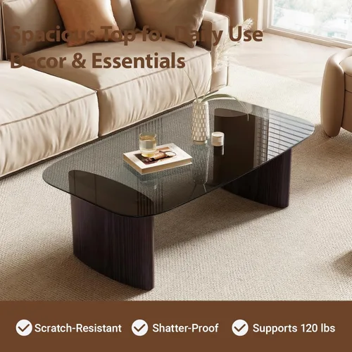 Miniatura 5 de Mesa de centro moderna de cristal, mesa de centro para sala de estar, tapa de vidrio templado con base de madera resistente, mesas de centro Nogal
