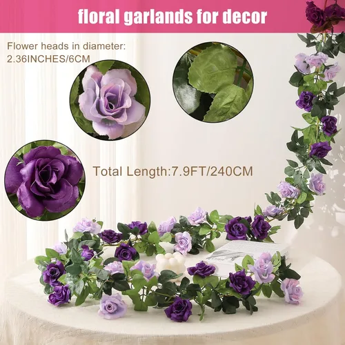 Miniatura 3 de JUSTOYOU Paquete de 2 guirnaldas de rosas falsas (15.8 pies), rosas artificiales, enredaderas, guirnalda de flores para colgar, vid floral, boda