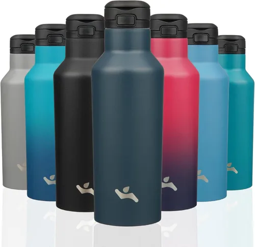 Miniatura 9 de Konokyo - Botella de agua aislada con popote, termo de agua de acero inoxidable de doble pared de 17 onzas con 2 tapas, azul lago