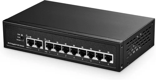 Conmutador POE Gigabit de 10 puertos, 8 POE+ 1000Mbps, 2 Gigabit Uplink, IEEE802.3af/at, fuente de alimentación interna de 120 W, interruptor
