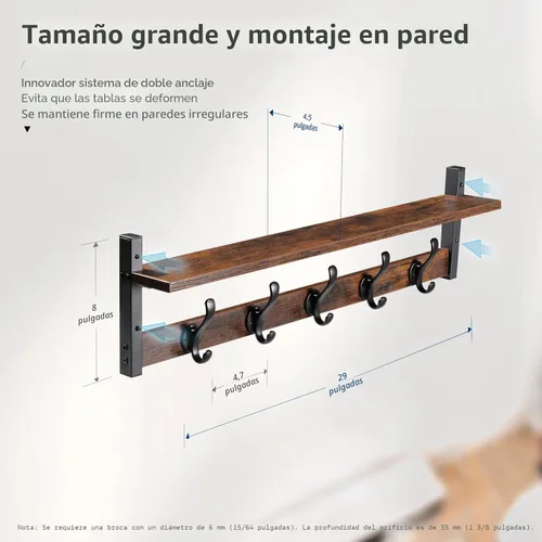 Miniatura 7 de Tatub Perchero rústico de 29 pulgadas con estante, ganchos de pared de entrada con estante, perchas para baño, sala de estar, dormitorio