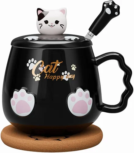 Bgbg Linda Taza de Gato, Taza de Café Té Leche de Cerámica con Tapa de Gatito Adorable, Cuchara de Garra Kawaii, Alfombrilla de Anime, Cosas