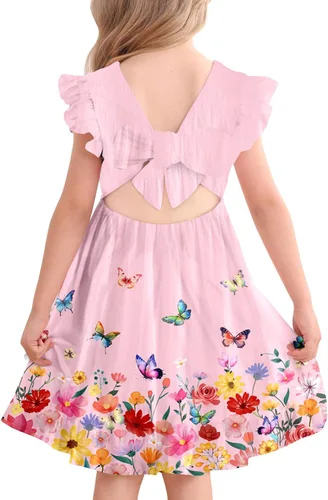 Miniatura 18 de Yousie Vestido de verano para niña pequeña, con volantes, lazo en la espalda, espalda descubierta, vestido de verano para fiesta