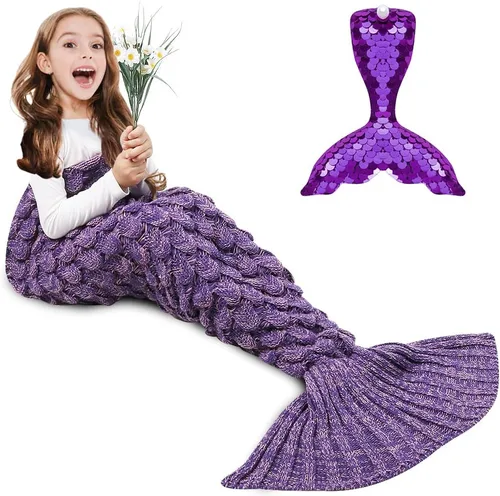 Miniatura 18 de AmyHomie Manta de cola de sirena, manta para niños, saco de dormir de sirena de ganchillo, regalo de sirena para niñas (azul claro, niños)