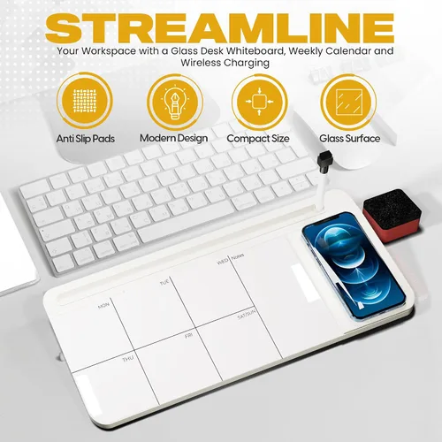 Miniatura 9 de NEXTLUXE - Pizarra blanca de cristal con cargador inalámbrico, pizarra blanca de escritorio con almacenamiento, planificador semanal, almohadilla