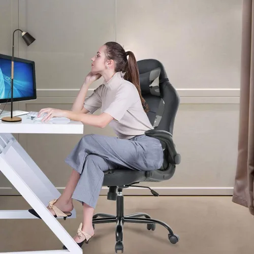 Miniatura 2 de Silla de escritorio ergonómica para videojuegos, de piel sintética, con reposacabezas y reposabrazos, Cuero falso, Camo