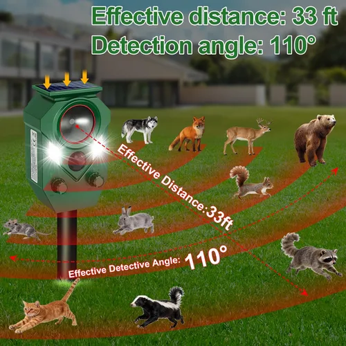 Miniatura 2 de Repelente ultrasónico de animales para exteriores, repelente y disuasorio de gatos con sensor PIR y luz intermitente, repelente de ciervos