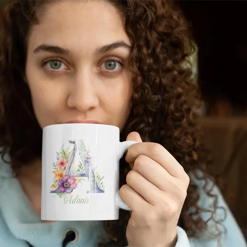 Miniatura 2 de Taza de café personalizada de la letra A del alfabeto, Taza de café blanca con nombre personalizado único, Taza inicial de monograma floral