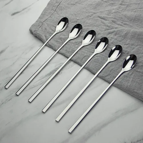 Miniatura 5 de Juego de utensilios de cocina de madera, 6 cucharas de mango largo de acero inoxidable, para madres, leches, té, mezcla, cóctel, agitación, café