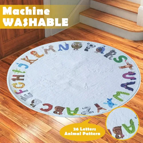 Miniatura 3 de Alfombra redonda de juegos para niños, alfombras ABC para niños, niños pequeños y bebés, alfombra de área de guardería, alfombra de juego suave