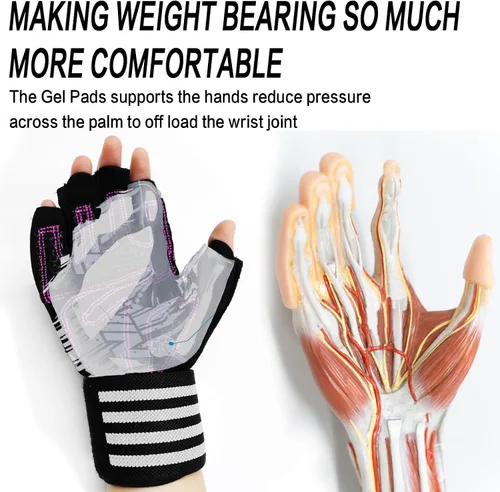 Miniatura 6 de Guantes de levantamiento de pesas para mujer, entrenamiento de gimnasio con soporte de muñeca, guantes acolchados de medio dedo para ejercicio