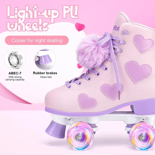 Miniatura 6 de Ruthfot Patines clásicos para mujeres y niñas con ruedas iluminadas y patrón de corazón de amor, patines de cuero PU de caña alta.. Púrpura