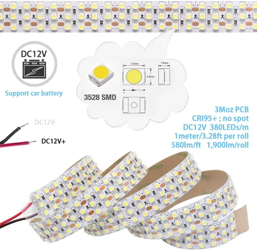 Miniatura 2 de DC12V - Tira de luces LED blancas de alto CRI 95 – Luz blanca de triple fila 6000K 360LEDs 3528SMD, cinta de luces LED flexibles para fotografía