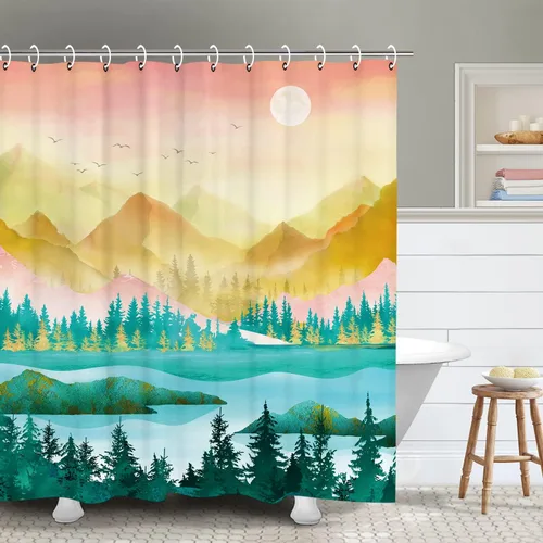 Miniatura 17 de RosieLily Cortina de ducha con diseño de lago de montaña, cielo nocturno estrellado, paisaje de luna y bosque para baño, 72 pulgadas de ancho x 72