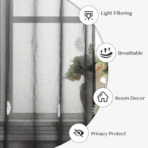 Miniatura 3 de WUBODTI Black Ombre Sheer Curtains 84 Inch Length 2 Panels - Gradient Grey White to Black Semi Sheer Curtains with Embroidery, Light Filtering