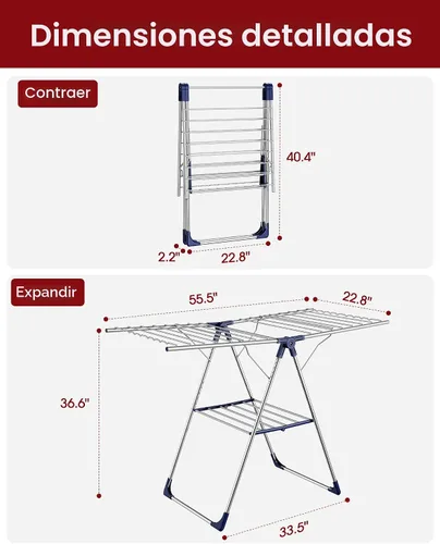 Miniatura 6 de Sakugi Tendedero de ropa con alas ajustables en altura, soporte plegable de metal para secadora de ropa y ropa de cama, plegable independiente