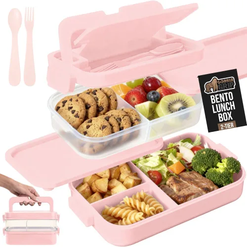 Miniatura 13 de GORILLA GRIP Lonchera Bento a prueba de fugas sin BPA para mujeres, hombres, niños, estilo de 2 niveles, con asa fácil de transportar, apta