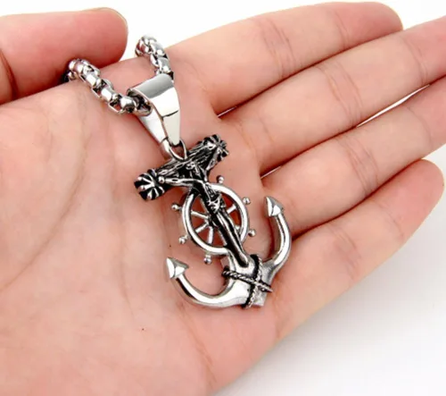 Miniatura 2 de JAJAFOOK Collar para Hombre de Acero Inoxidable Plata con Ancla Náutica y Cruz de Jesús